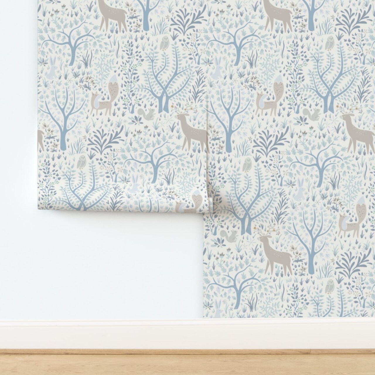 Neutral Blue Forest Animals Botanical Nursery Bohemian Chinoiserie Farmhouse Cottagecore Baby Shower Custom Removable Wallpaper by Spoonflower Peel & Stick Wallpaper 2FT Wide